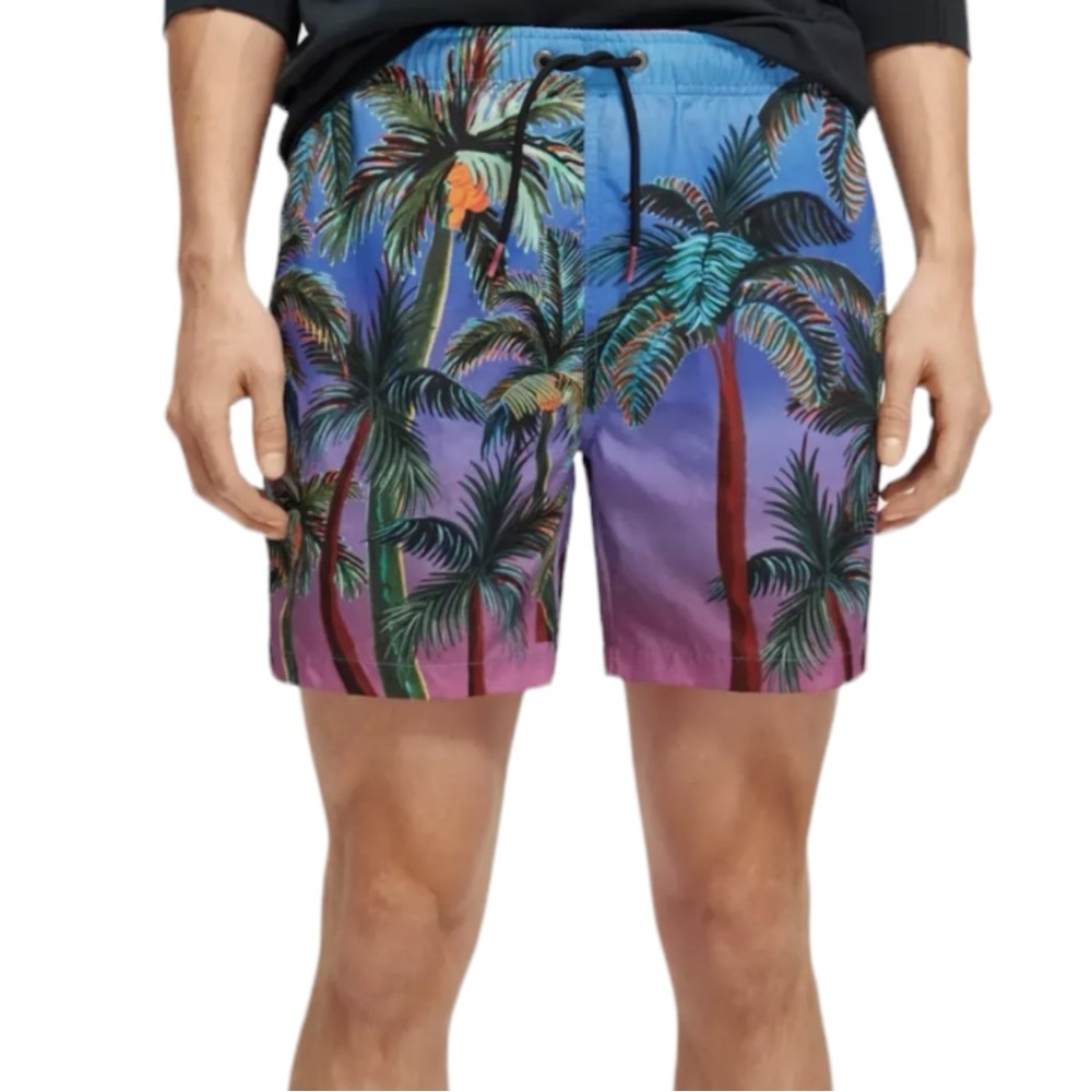 134. Men’s Scotch & Soda Mid-Length Navy Purple Ombré Palm Tree Swim Shorts NWT